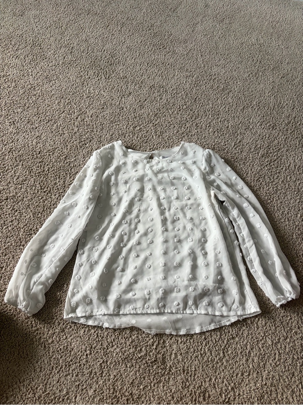 White Textured Dot Long-Sleeve Blouse